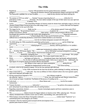 1920s US History Fillable Worksheet