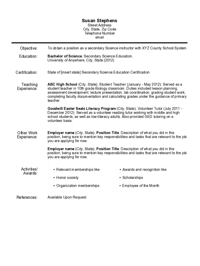 Fillable Online New Teacher Resume - Large 