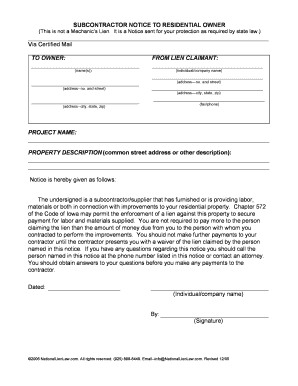 Subcontractor Notice to Residential Owner