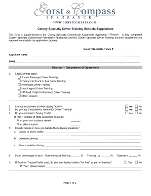 Colony Specialty Driver Training Schools Supplement