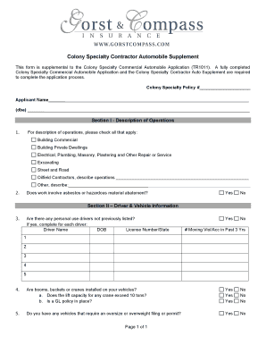 Colony Specialty Contractor Automobile Supplement