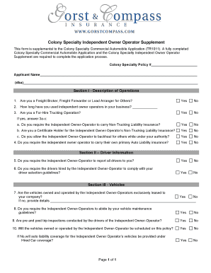 Colony Specialty Independent Owner Operator Supplement