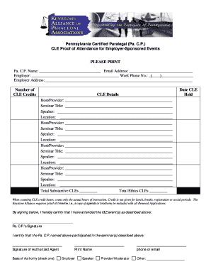 Pennsylvania Certified Paralegal CLE Proof of Attendance