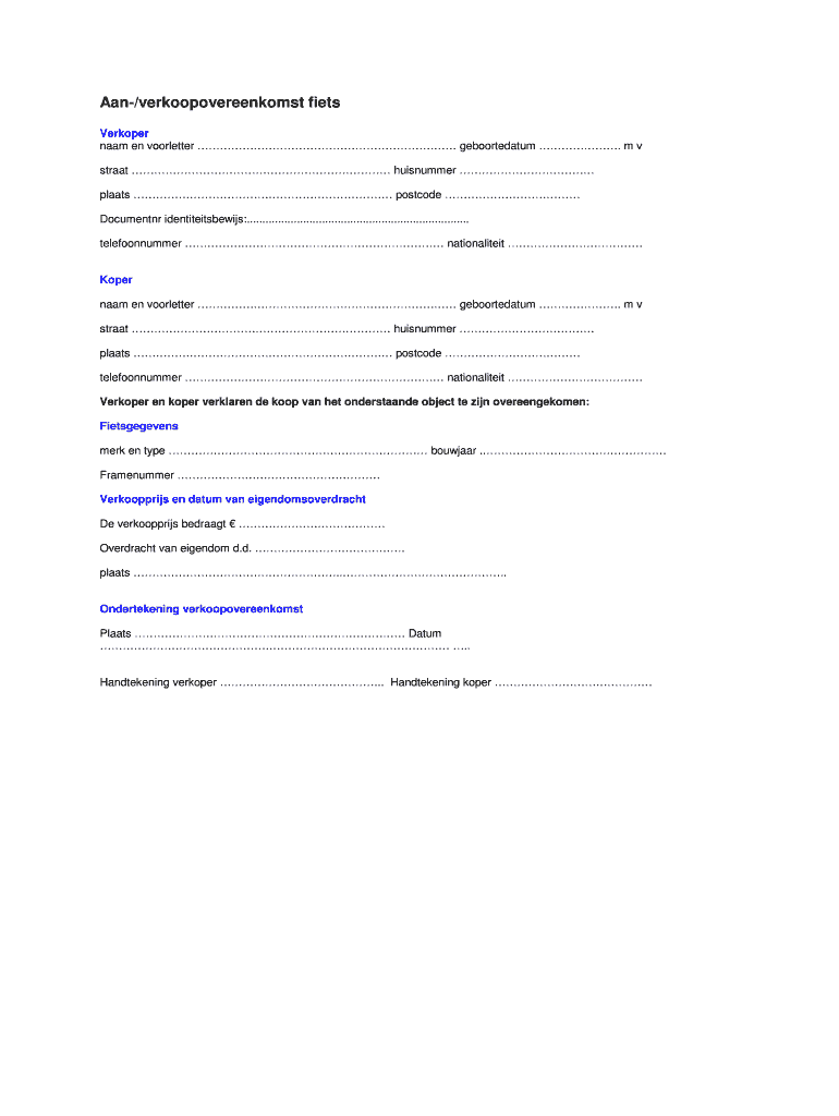 Verkoopovereenkomst - Online, Printable, Fillable, Blank | pdfFiller