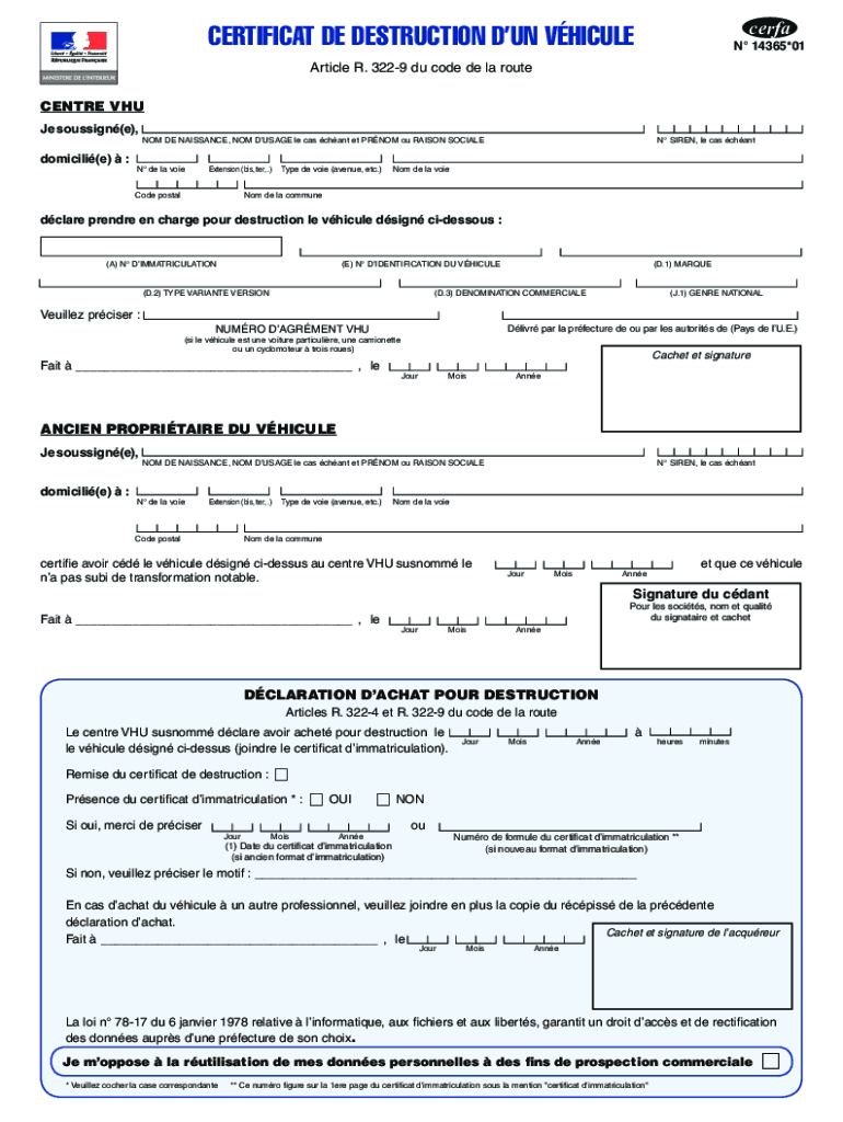 Cerfa 14365-01 - Certificat de destruction d'un vhicule PDF Cerfa 14365-01 - Certificat de destructi Preview on Page 1