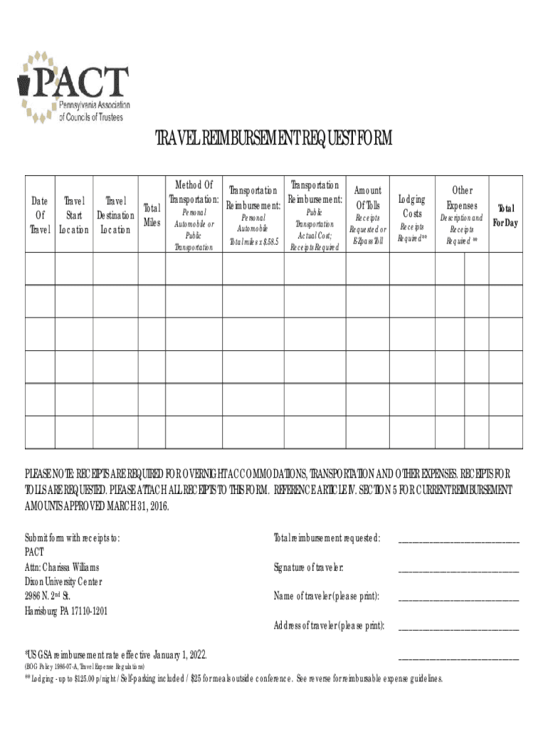 Fillable Online TRAVEL REIMBURSEMENT REQUEST FORM Fax Email Print