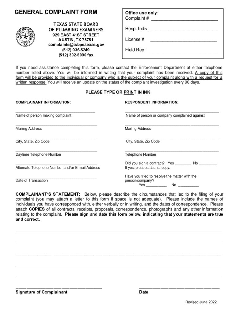 File a Complaint - Texas State Board of Plumbing Examiners Preview on Page 1
