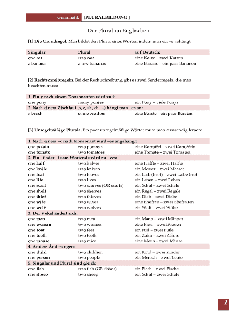 Fillable Online Der PLURAL im Englischen erklrtLernenLeicht Englisch Fax Email Print pdfFiller