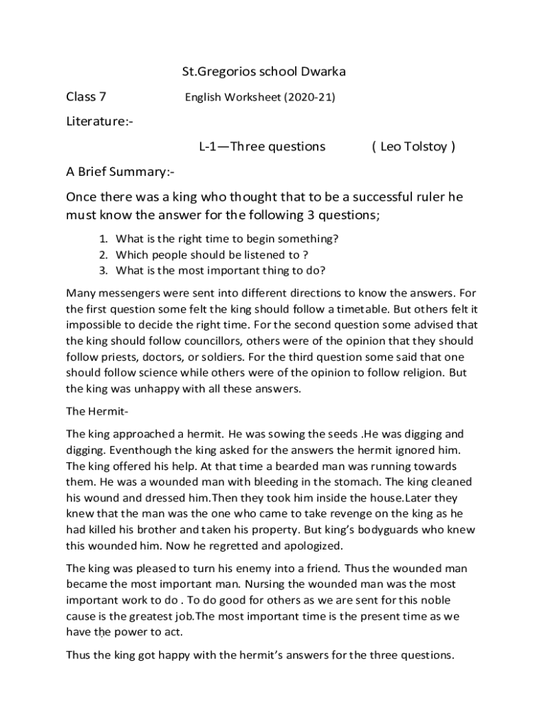 Fillable Online Three Questions by Leo Tolstoy Excellence in