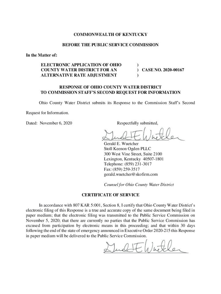 Fillable Online psc ky ELECTRONIC APPLICATION OF OHIO COUNTY WATER Fax Email Print pdfFiller
