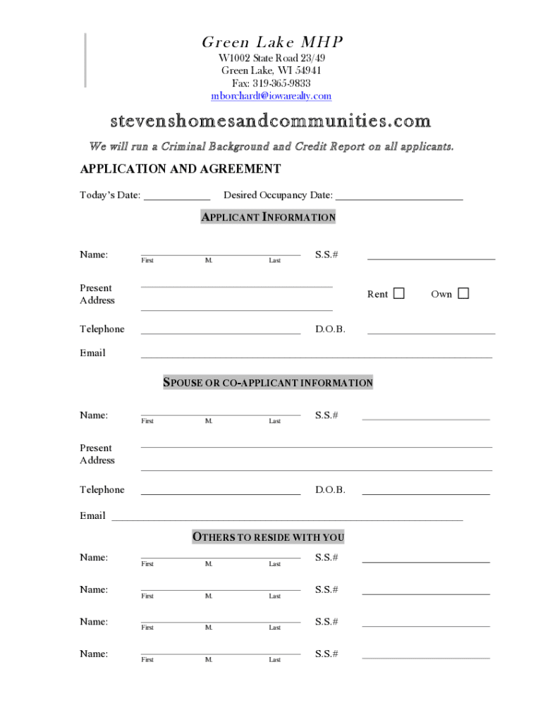 Fillable Online Green Lake Application and agreement.doc Fax Email