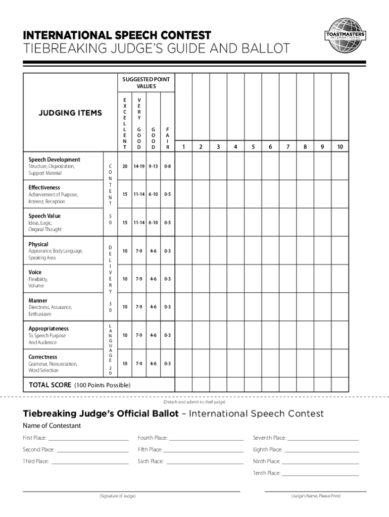 International Speech Contest Judge's Guide and Ballot Preview on Page 1