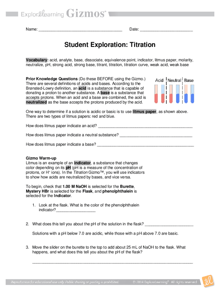Fillable Online Titration Gizmo NameDateStudent Exploration Titration Fax Email Print