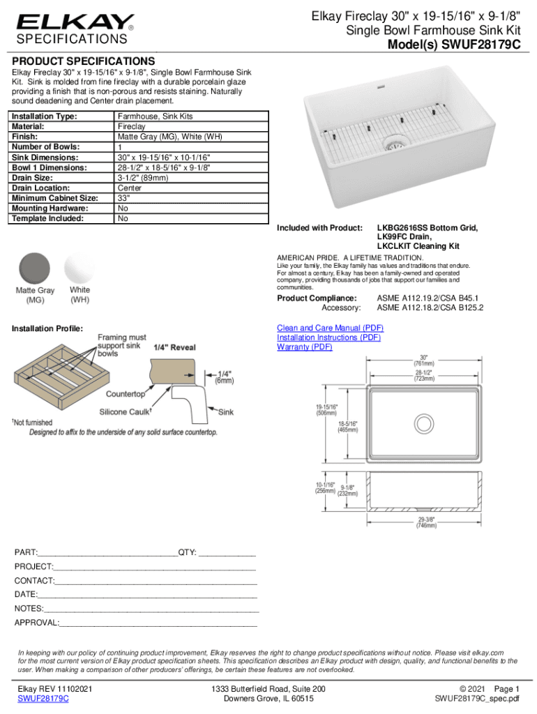 Fillable Online Elkay SWUF3320WH Fireclay Double Bowl Farmhouse Sink