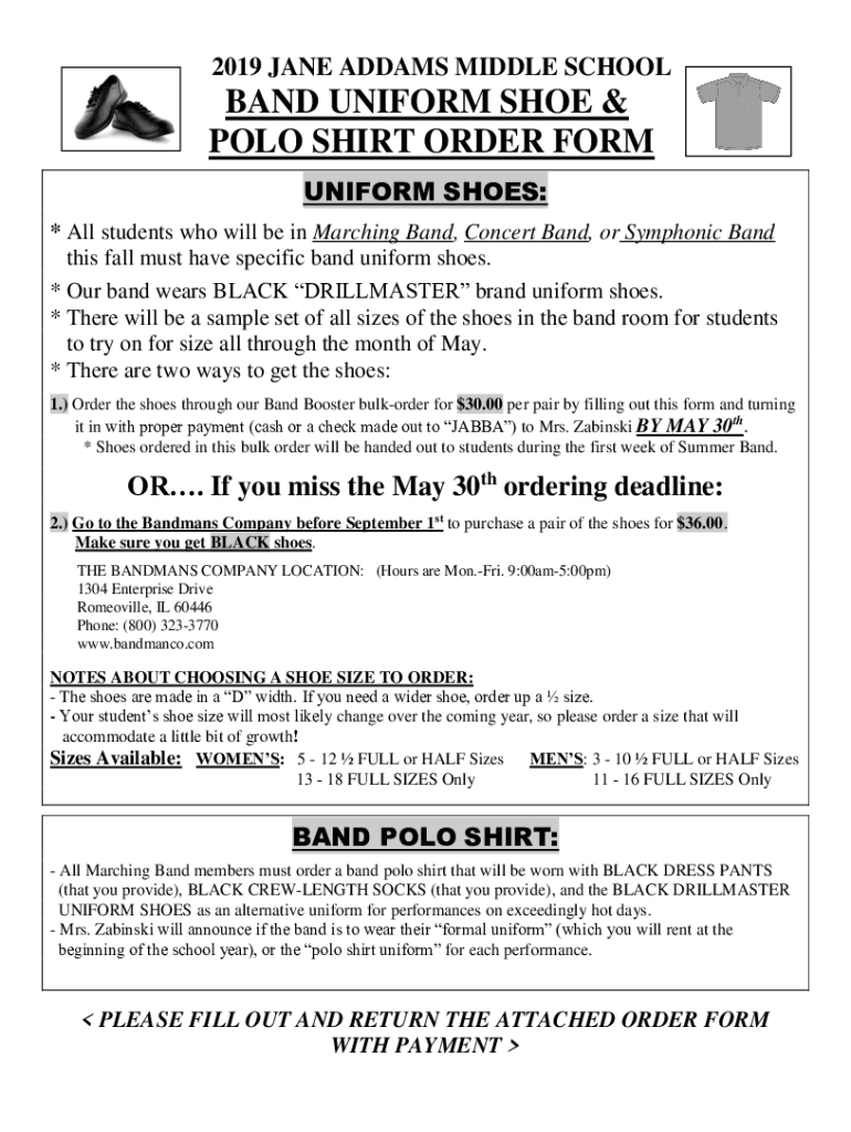 Fillable Online band uniform shoe & polo shirt order form Fax Email