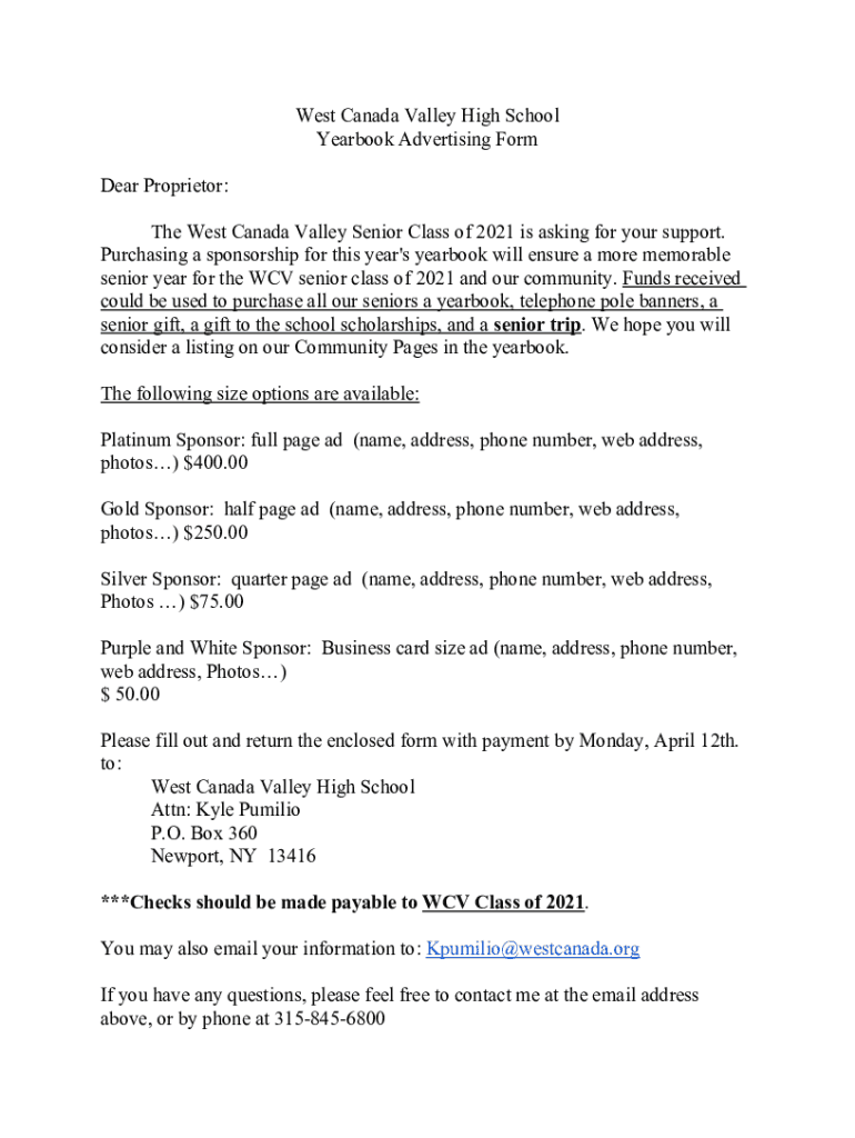 Fillable Online West Canada Valley High School Yearbook Advertising