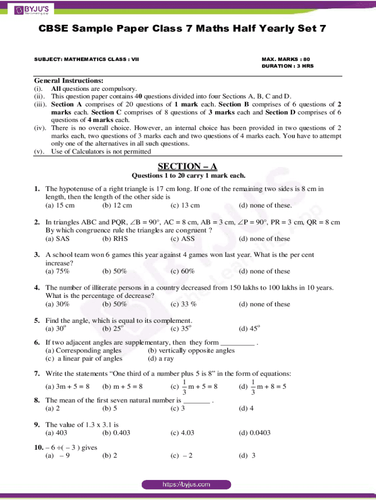 Fillable Online CBSE Sample Paper Class 7 Maths Half Yearly Set 3Byju's ...