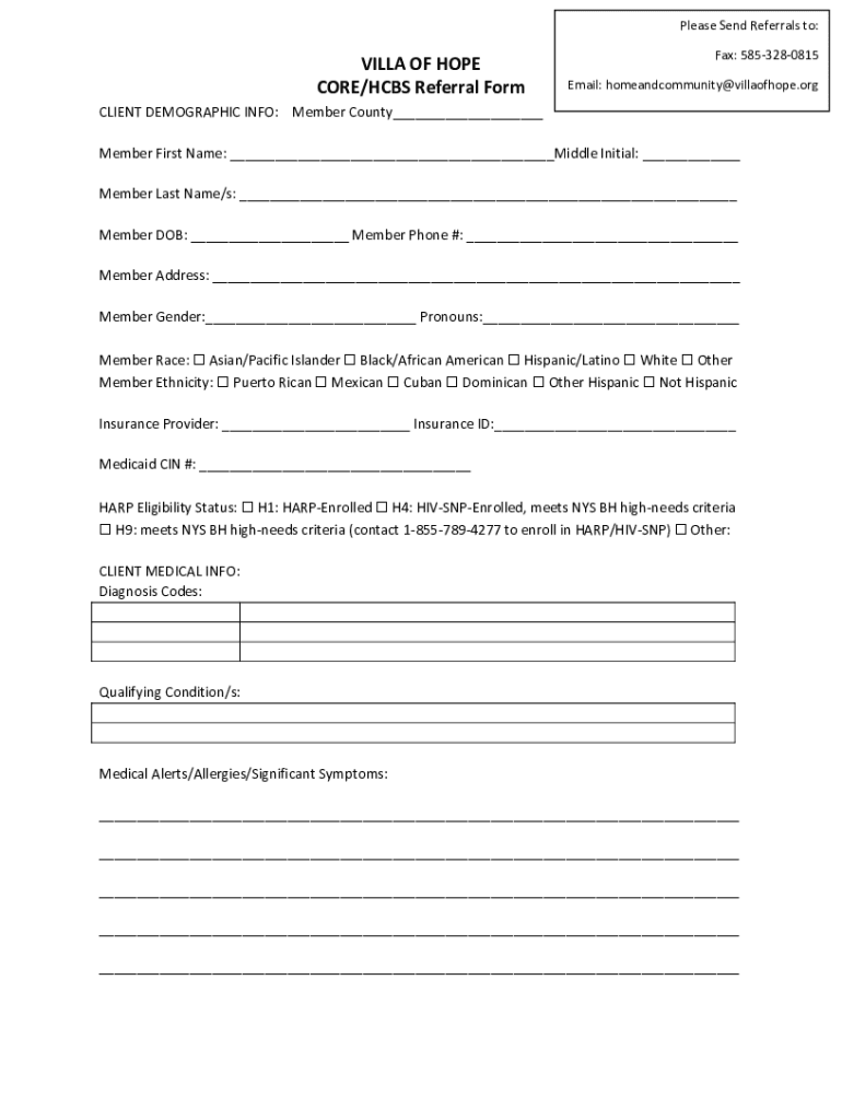 Fillable Online Clinical Referral Form (doc) Villa of Hope Fax Email