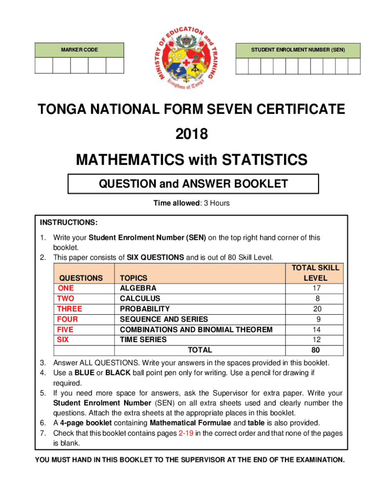 Fillable Online TONGA SCHOOL CERTIFICATE 2018 MATHEMATICS Maths ... Fax ...