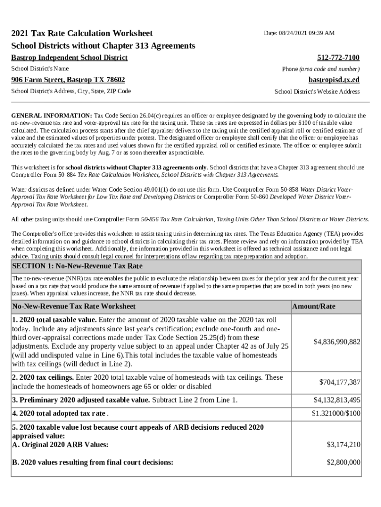 Fillable Online 2021 Tax Rate Calculation Worksheet School