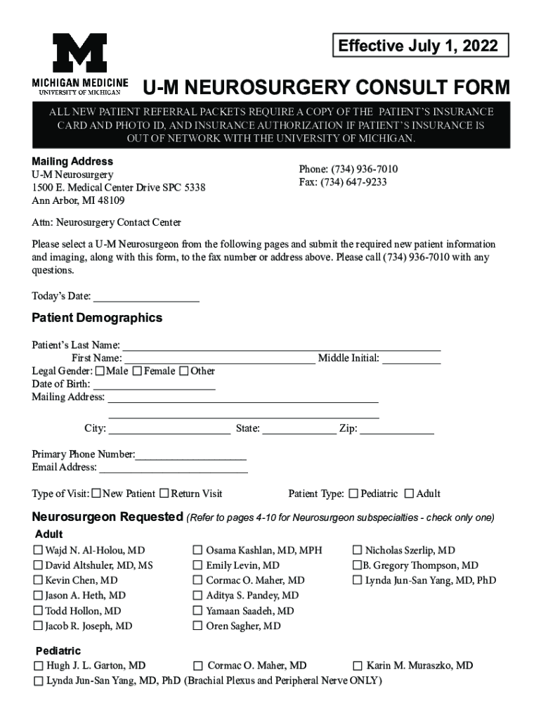 U-M NEUROSURGERY CONSULT FORM - Michigan Medicine Preview on Page 1