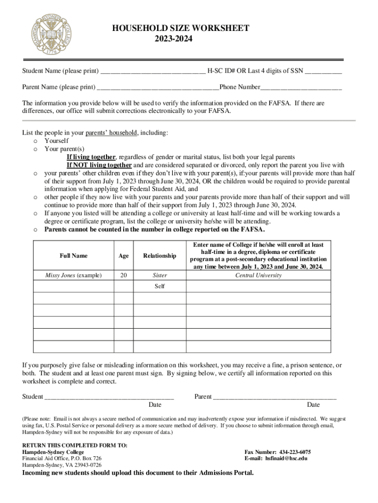 Fillable Online Household Worksheet for Dependent Students Student