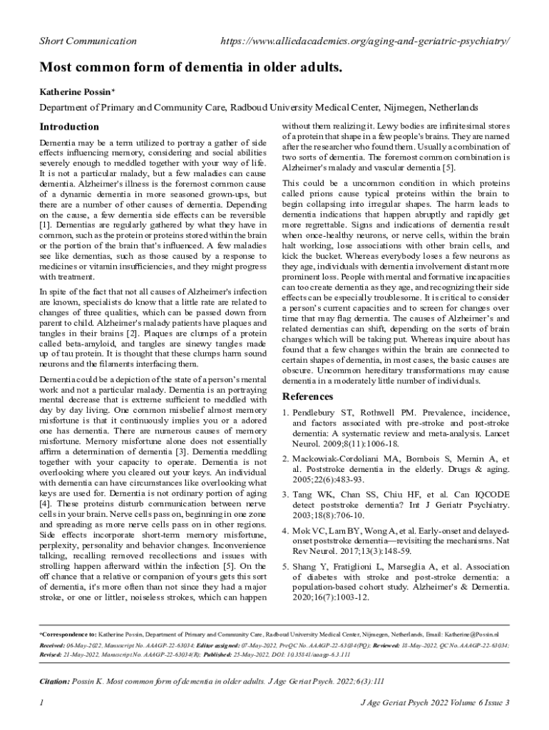 Fillable Online Vascular dementia may be the most common form