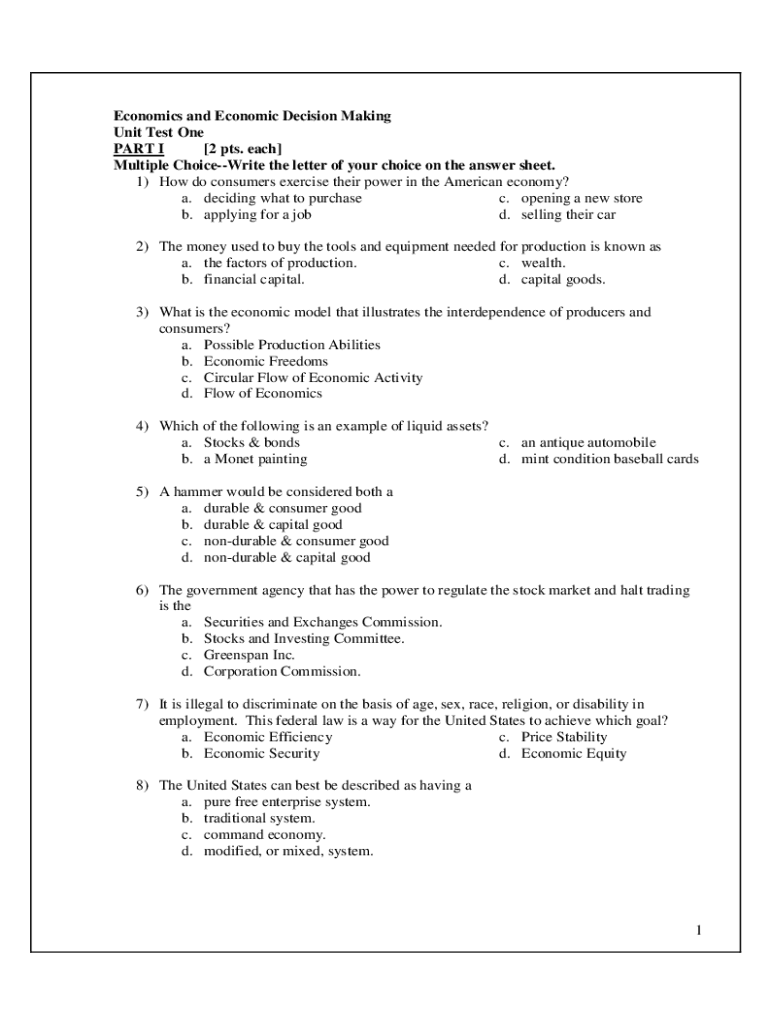 Fillable Online chapter 2 test form a economic systems and decision ...