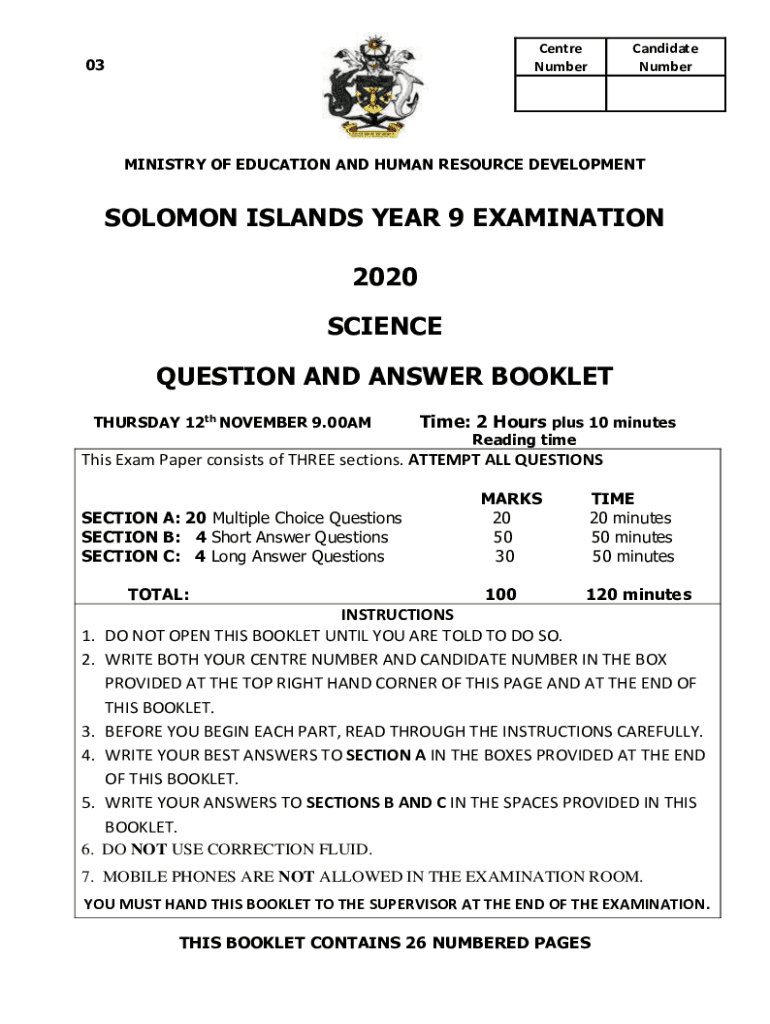 Fillable Online SOLOMON ISLANDS YEAR 9 EXAMINATION Fax Email Print