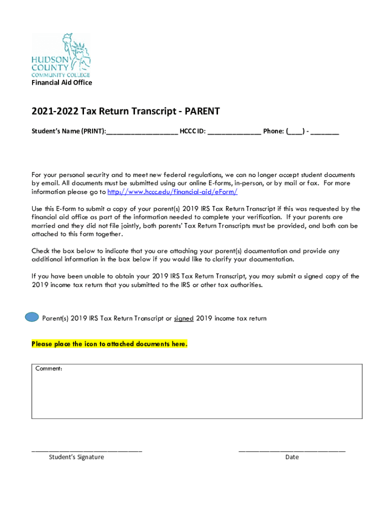 Fillable Online 2021-2022 Tax Return Transcript - PARENT - HCCC Fax ...