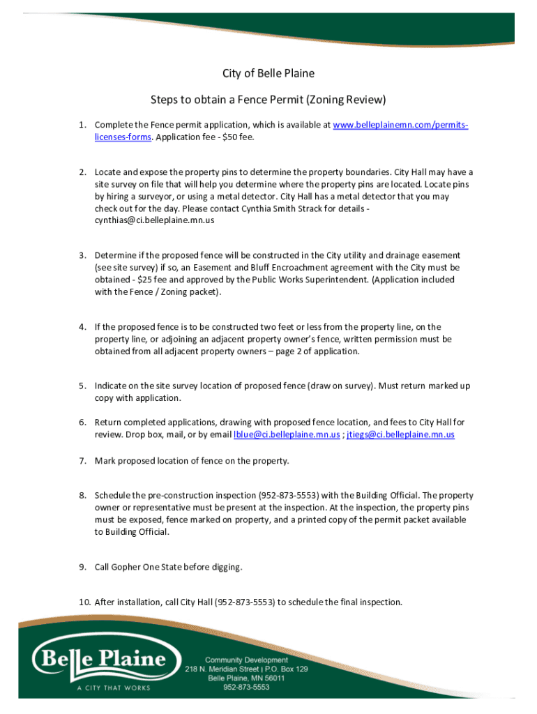 Fillable Online City of Belle Plaine Steps to obtain a Fence Permit