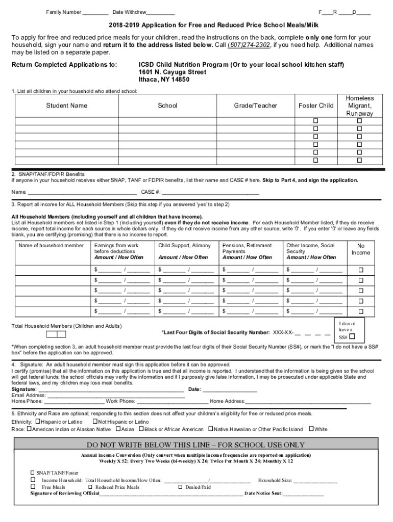 Fillable Online Free and Reduced Lunch Application Ontario Local