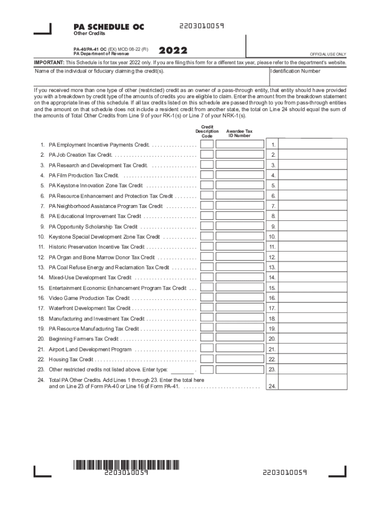 PA Schedule OC - Other Credits (PA-40 PA-41 OC) Preview on Page 1