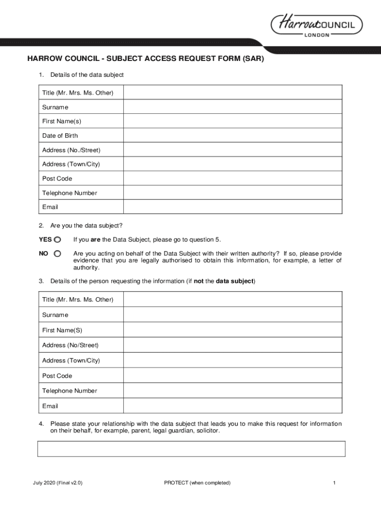Fillable Online SUBJECT ACCESS REQUEST FORM (SAR) Harrow Council Fax Email Print pdfFiller