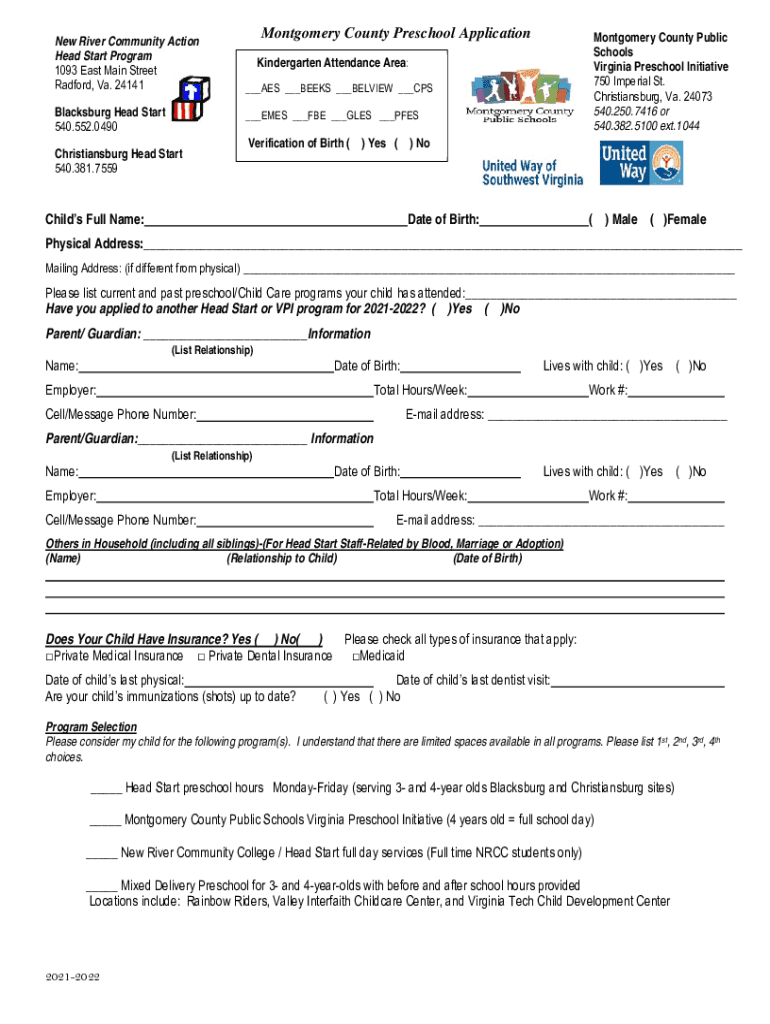 Fillable Online NRCA Head Start Application New River Community