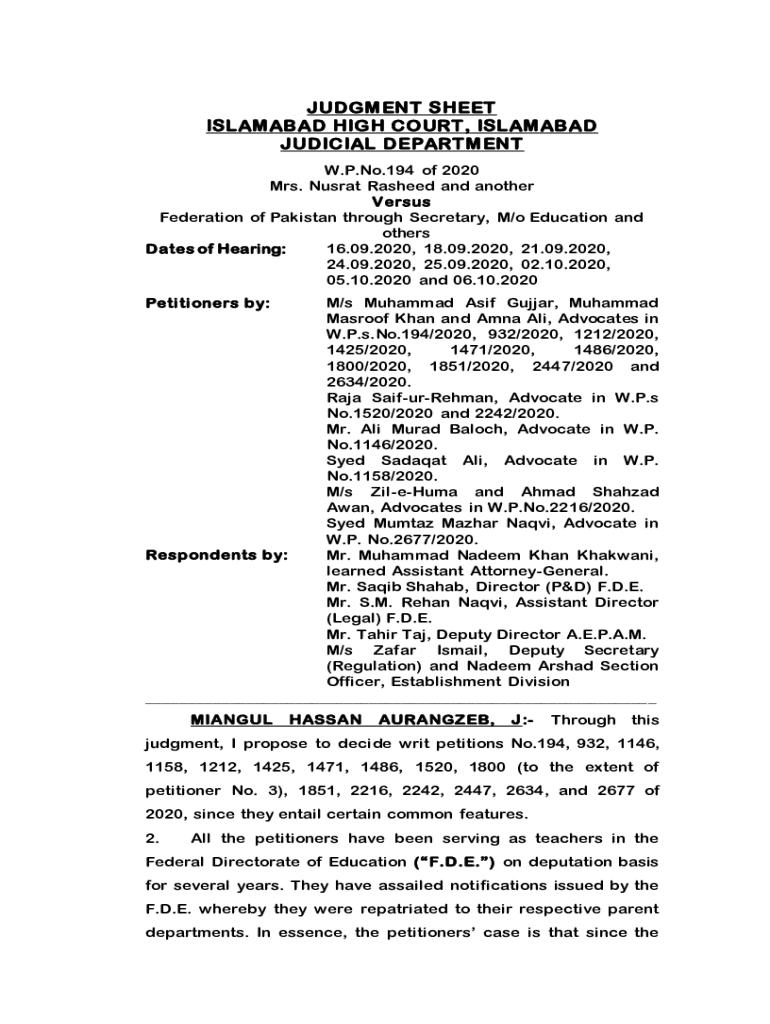 Fillable Online mis ihc gov JUDGMENT SHEET Islamabad High Court Fax