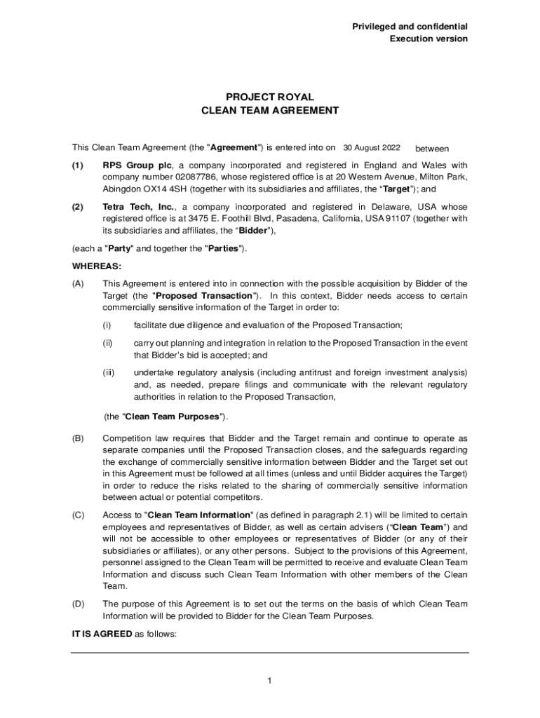 Fillable Online PROJECT ROYAL CLEAN TEAM AGREEMENT RPS Group Fax