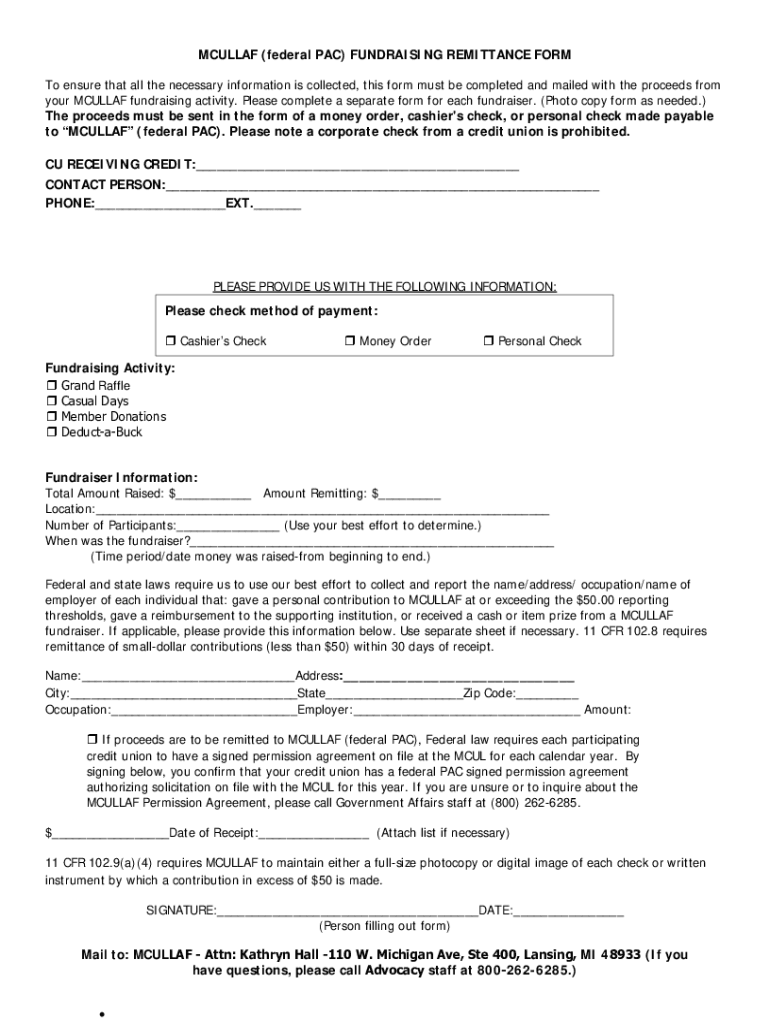 Fillable Online DRAFT Federal PAC Remittance Form Fax Email Print ...