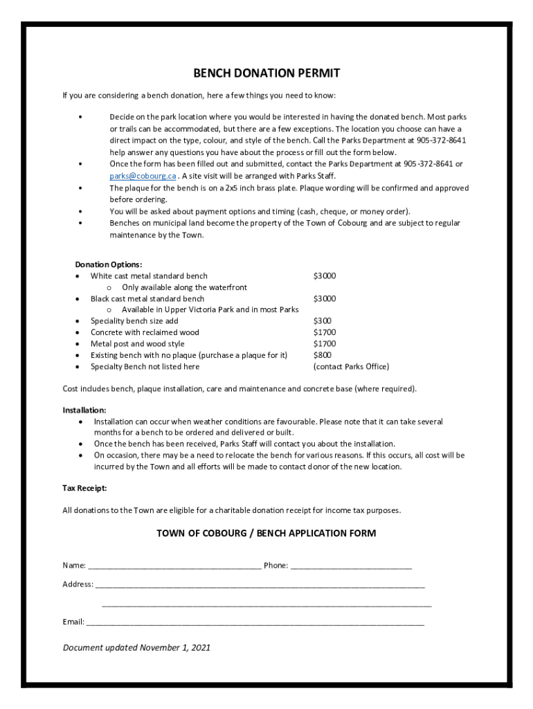Fillable Online Donation Bench Program Application Form City of Bellevue Fax Email Print
