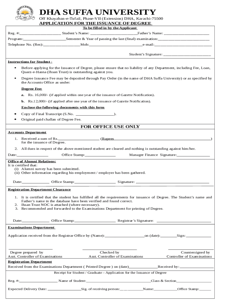 Fillable Online Issuance of Transcript / Degree DHA Suffa University