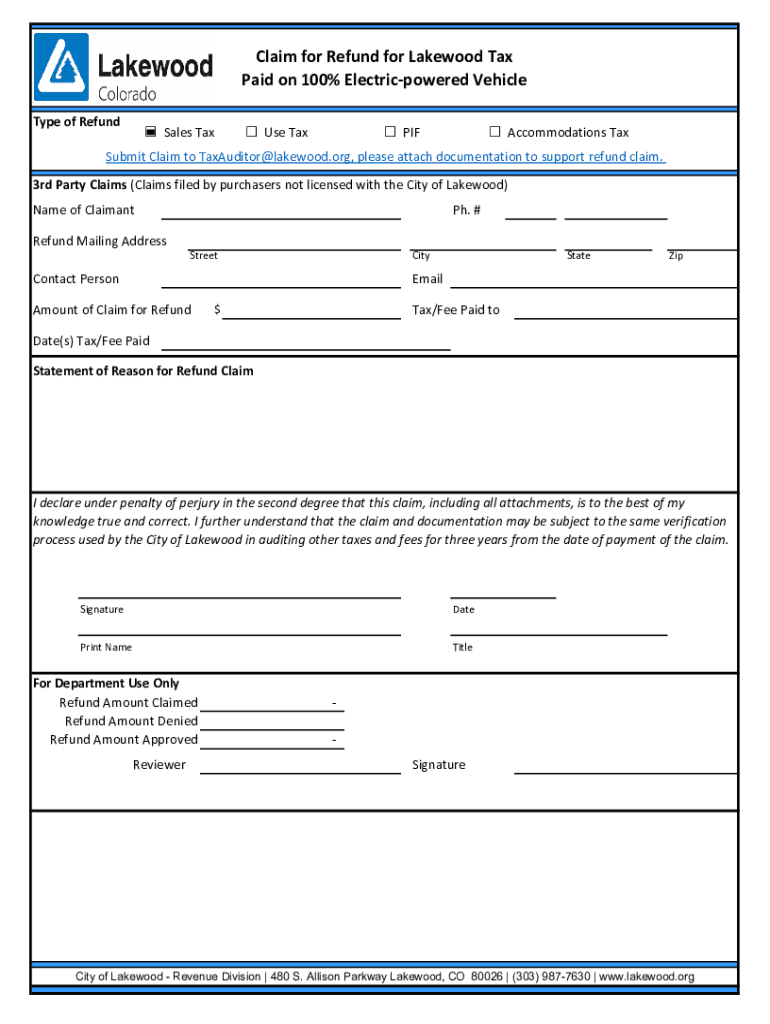 Fillable Online Claim for Refund for Lakewood Tax Paid on 100 Electric
