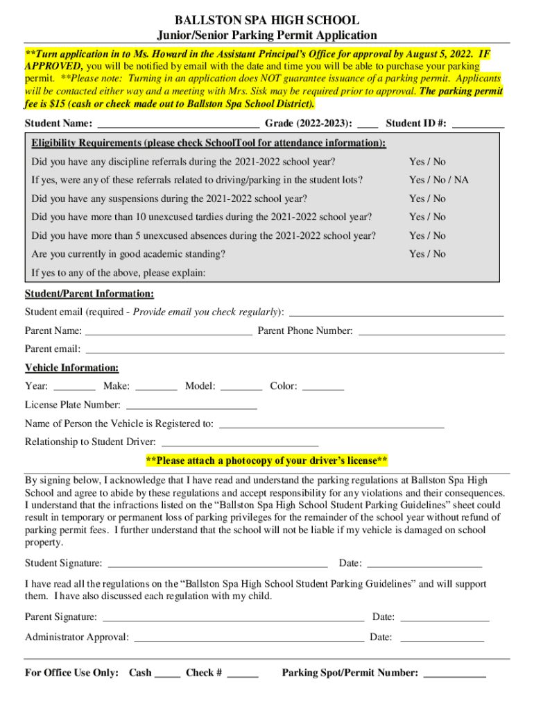 Fillable Online Student Parking Tag Application - Burnt Hills ...