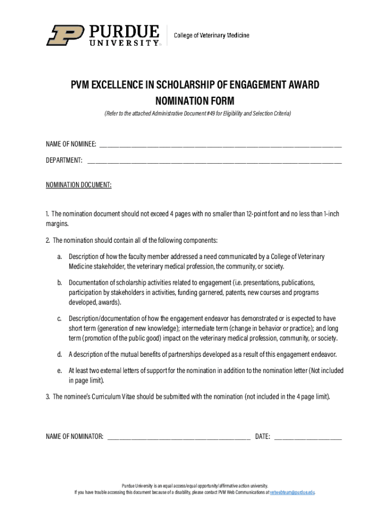 Fillable Online vet purdue Values in Action Award Nomination Form Fax