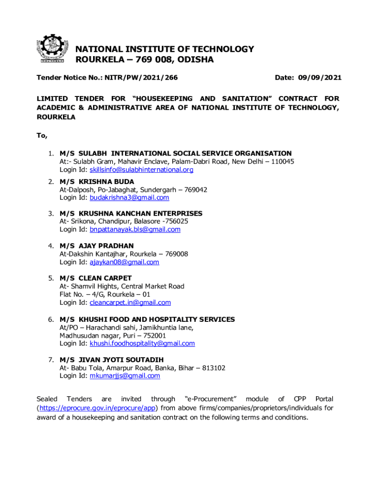 Fillable Online LIMITED TENDER FOR HOUSEKEEPING AND SANITATION CONTRACT