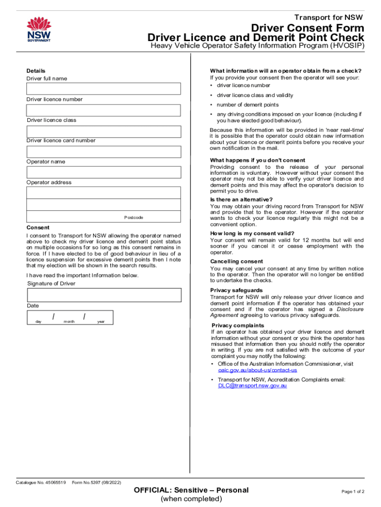 Fillable Online Driver Consent Form Driver Licence and Demerit Point