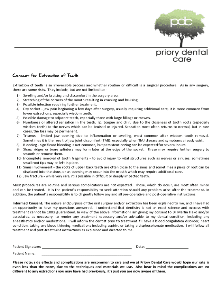 Fillable Online Sample consent for extraction Berkeley Oral Surgery