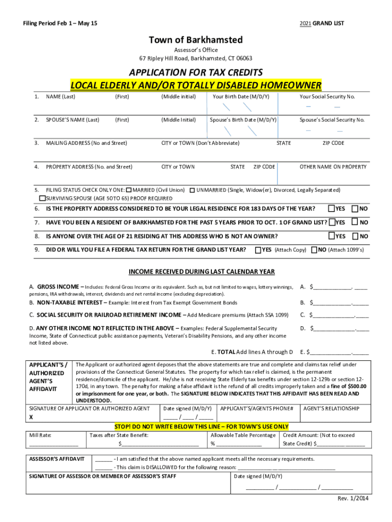 Fillable Online Town of Barkhamsted APPLICATION FOR TAX CREDITS Fax Email Print pdfFiller