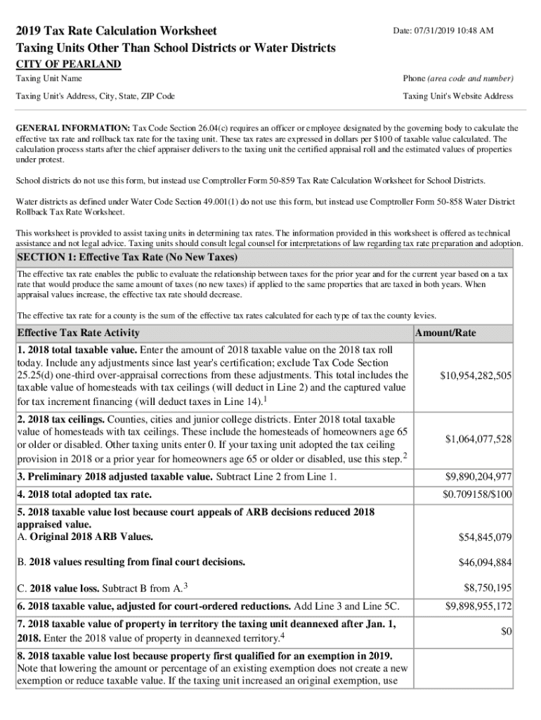 Fillable Online 2019 Tax Rate Calculation Worksheet Brazoria County