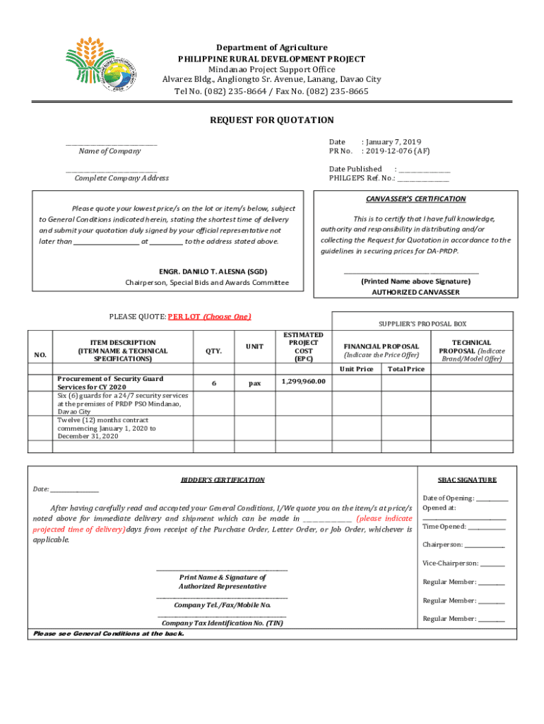 Fillable Online Department of Agriculture- Philippine Rural Development ...