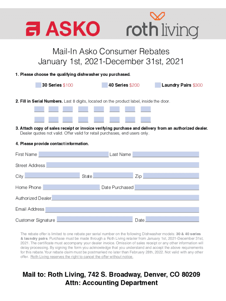 Fillable Online MailIn Asko Consumer Rebates January 1st, 2021